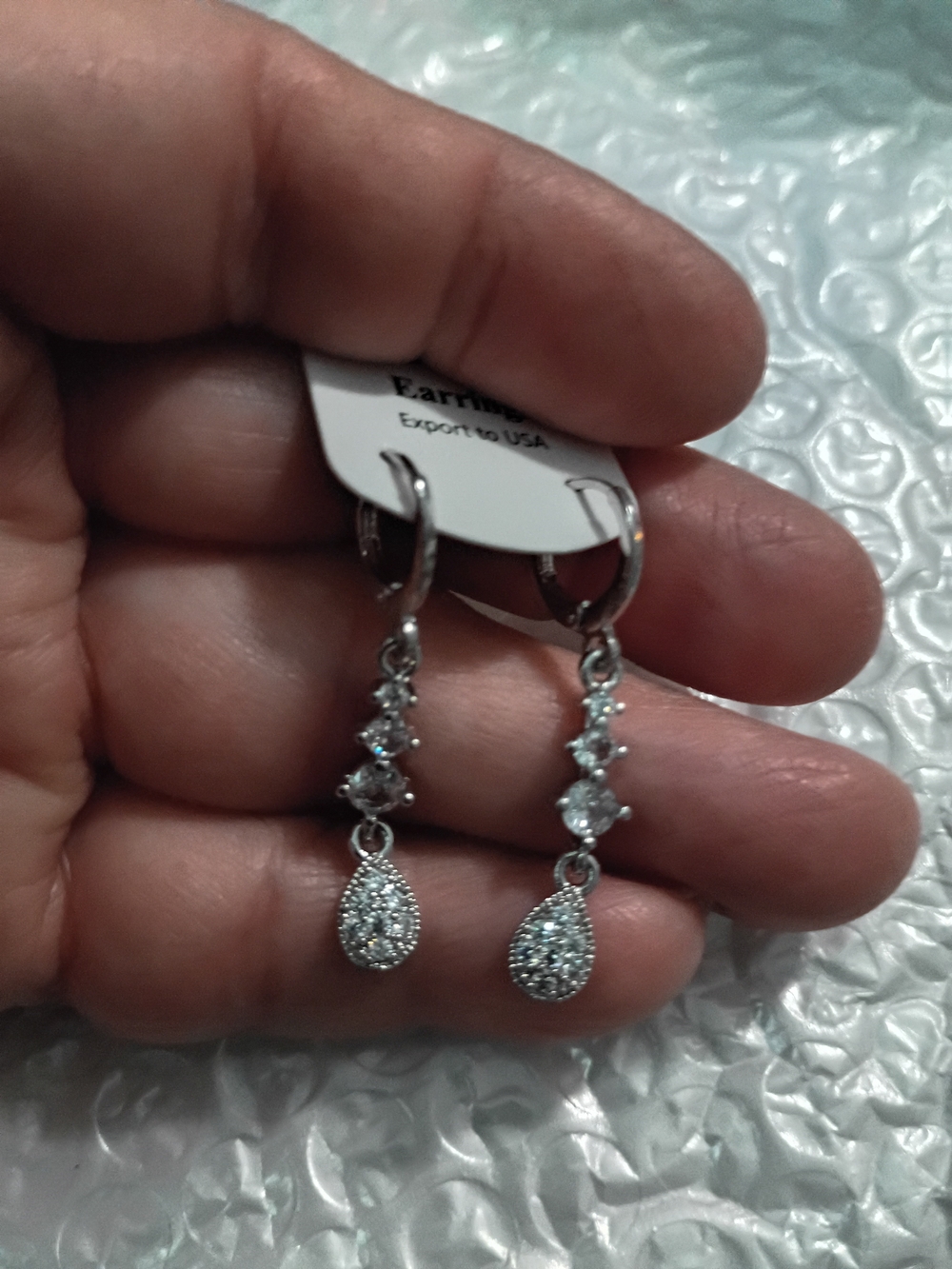 Silver Teardrop Crystal Dangle Earrings - Unbranded